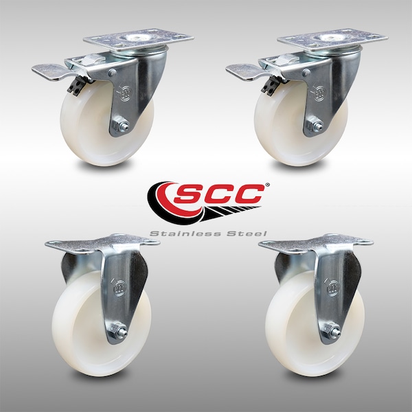 4 Inch SS Nylon Wheel Swivel Top Plate Caster Lock Brake 2 Rigid SCC, 2PK